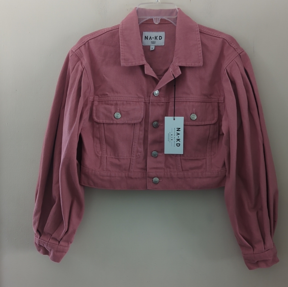 NA-KD NWT Pink Cropped Puffed Balloon Sleeve Jean Jacket Bohemian / Preppy Pink